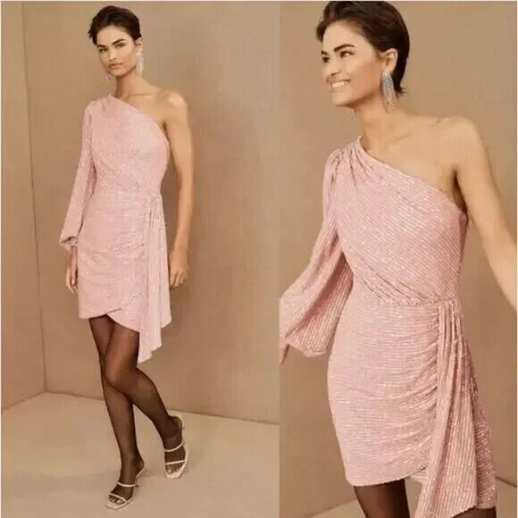 Saylor Nazila Blouson Sleeve pink Sequin Dress Small One Shoulder Chiffon Mini